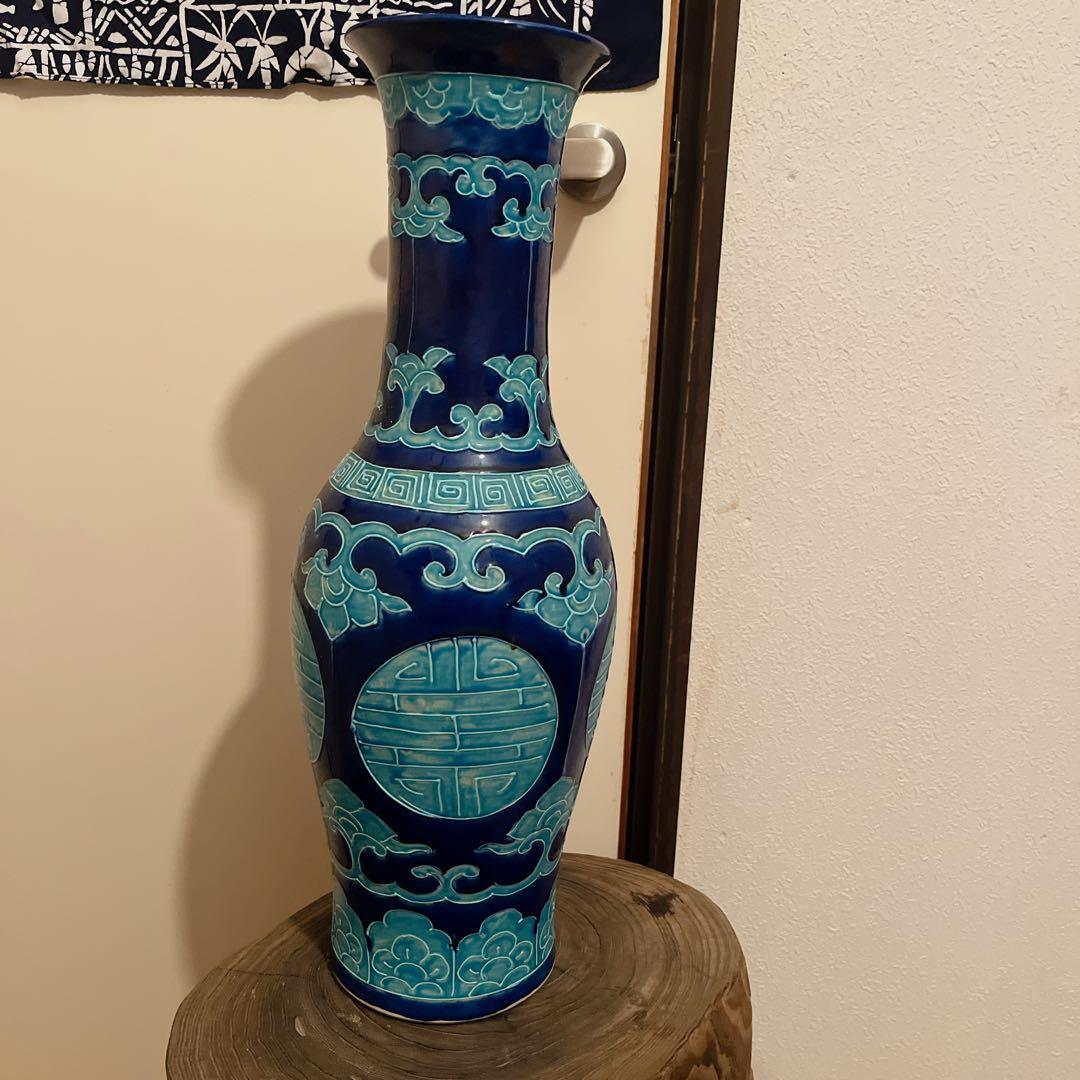 【レア】九谷焼 花瓶 寿字文 交趾風 瑠璃色 吉祥 縁起物